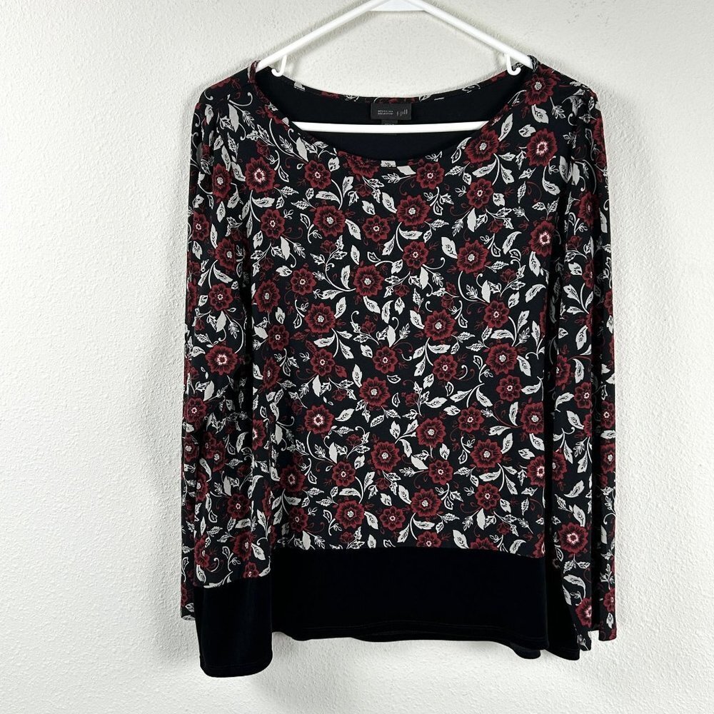 J. Jill Wearever Top Women Petite L Red Black Floral Velour Trim Long Sleeve